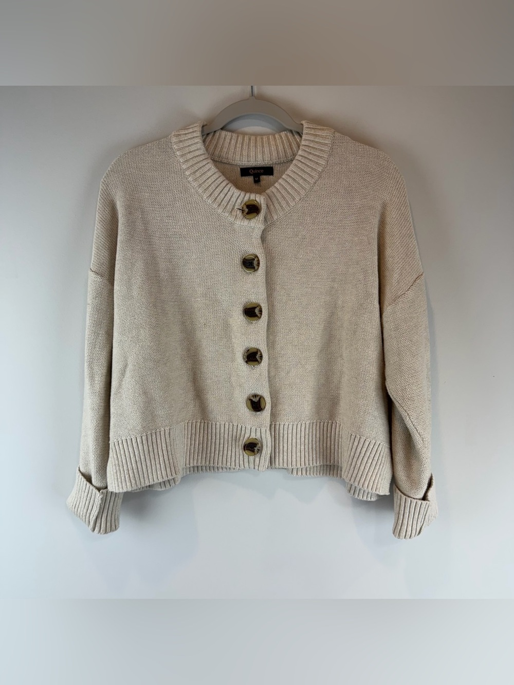 Quince Beige Oatmeal 100% Organic Button Up Minimalist Cozy Crop Cardigan Medium